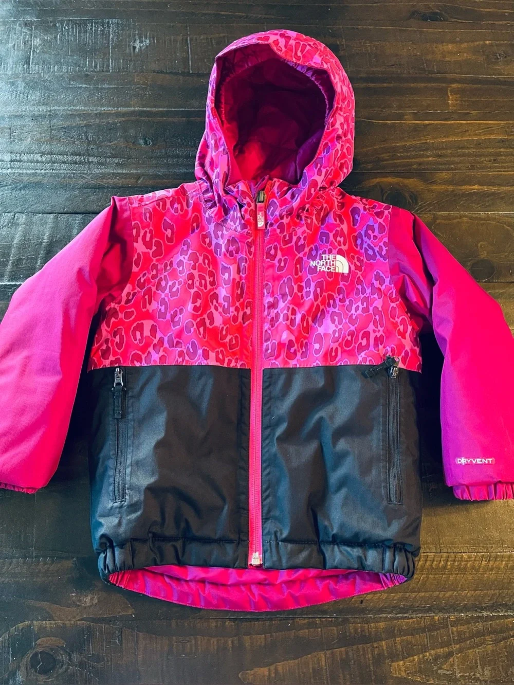 The North Face Girls Pink Leopard Print Hooded Winter Jacket 3T